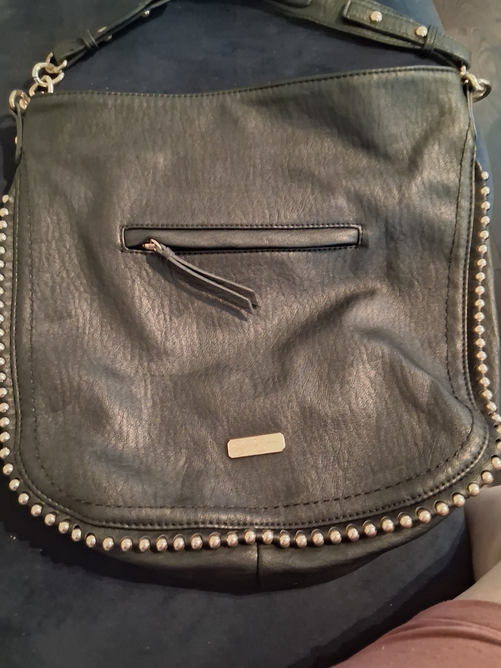 JESSICA SIMPSON GOLD Studded Trim Crossbody Bag Black Faux Leather Hobo.